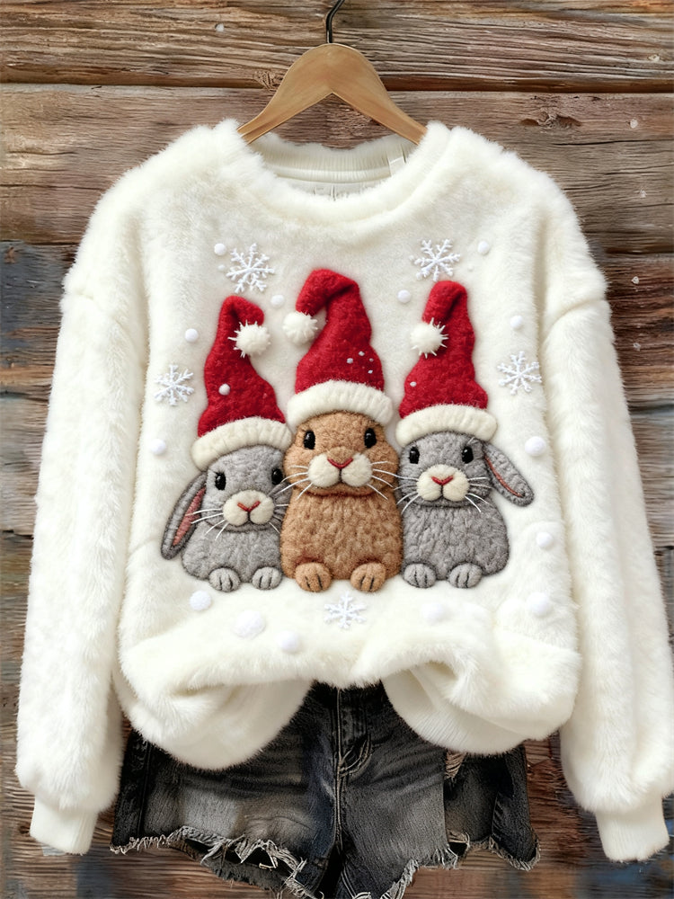 Bunnies With Christmas Hats Snowflakes Cozy Plush Sweatshirt artswardrobe