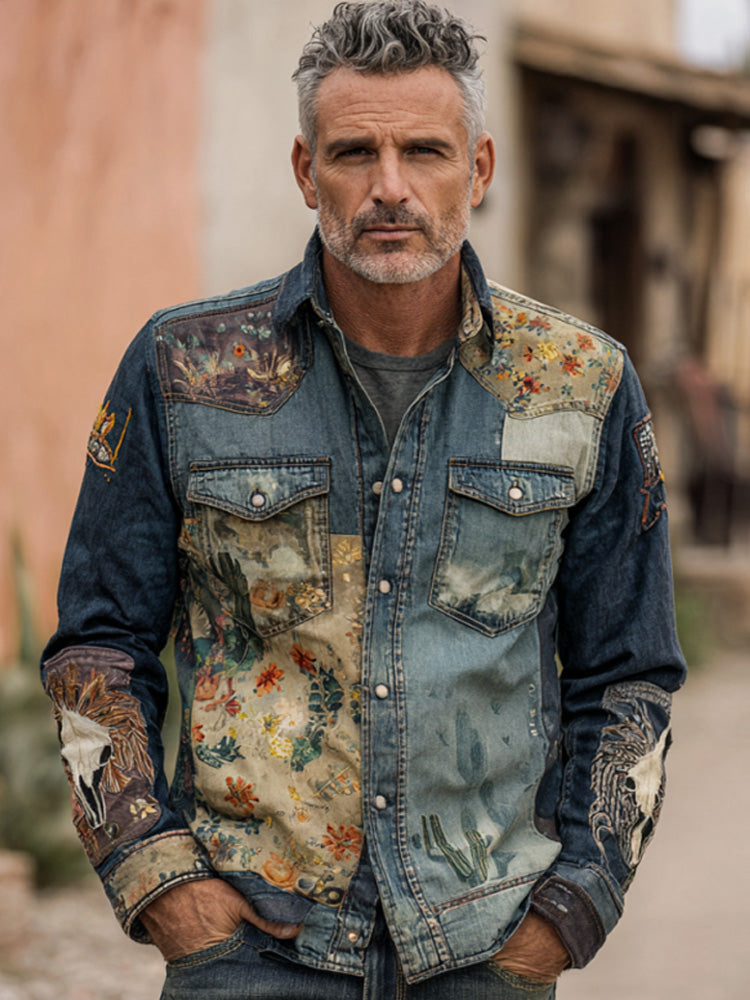 Men's Vintage Faded Denim Western-style Embroidered Printed Shirt artswardrobe