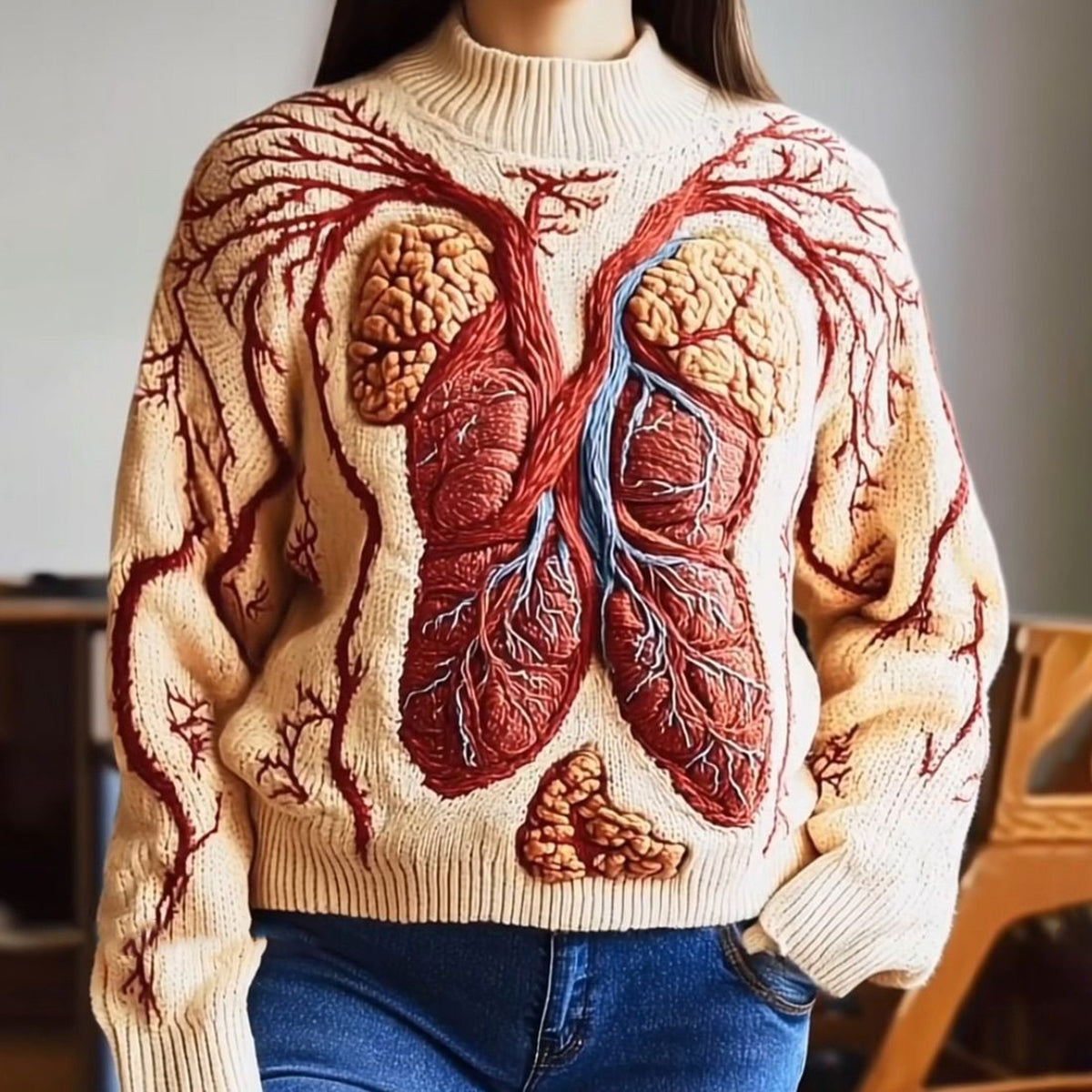 Vintage Halloween Anatomy Red Heart Art Chunky Knitted Sweater artswardrobe