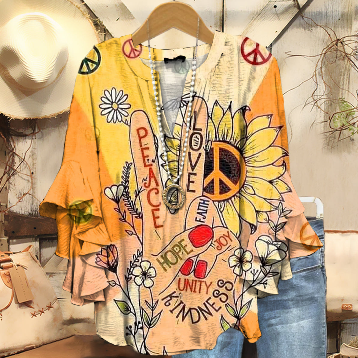 Women's Hippie Peace Love Art Print Casual Cotton And Linen Shirt