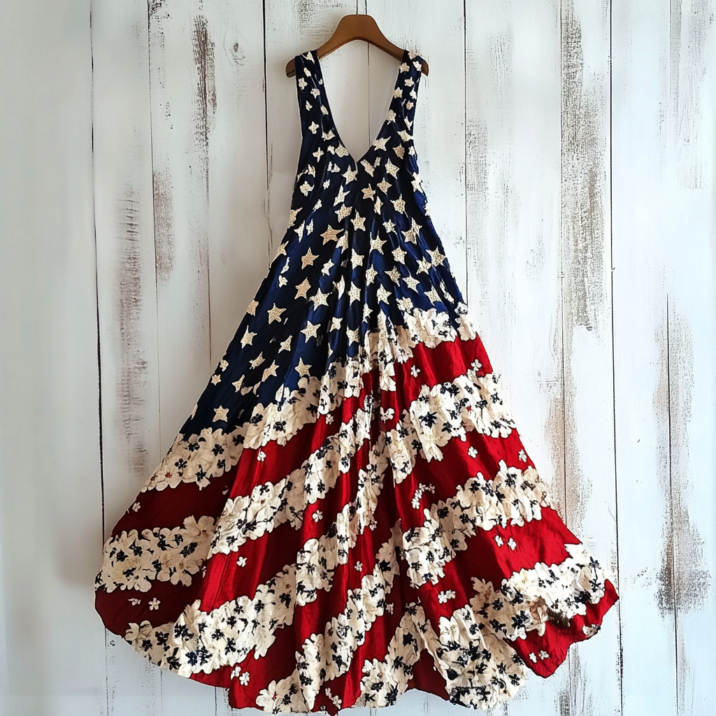 Women's Vintage Independence Day Flag Flowers Art Line Tank Dress artswardrobe