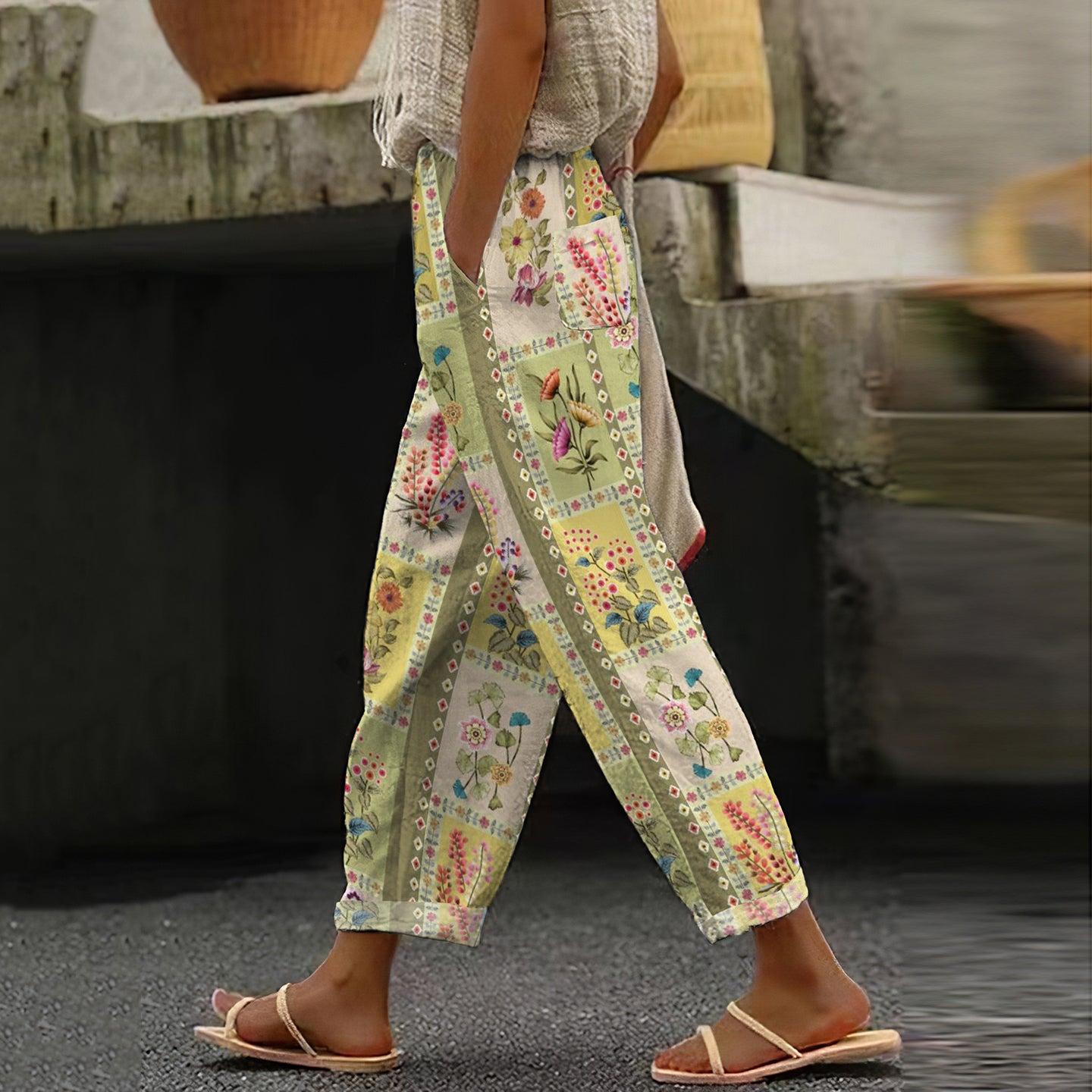 Women's Vintage Floral Art Linen Lounge Pants artswardrobe