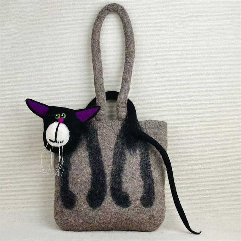 Comstylish Vintage Funny Black Cat Handmade 3d Felt Tote Bag