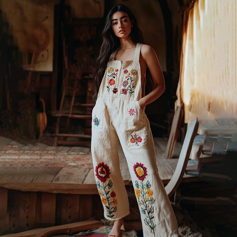 Vintage Floral Embroidered Art Linen Blend Loose Casual Jumpsuit artswardrobe