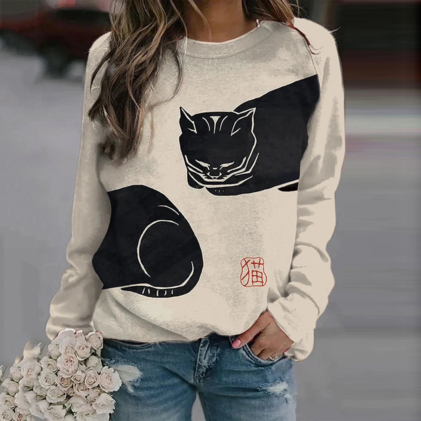 Women's Funny Black Cat Printed Japanese Lino Art Painting Sweatshirt elevenforest