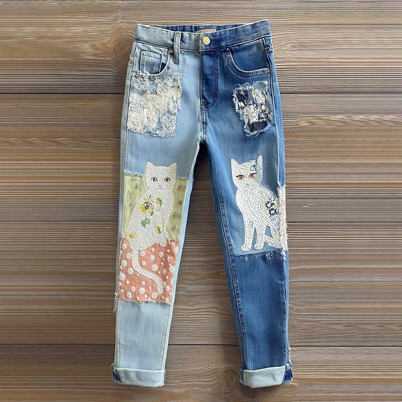 Casual Cute Patchwork Embroidered Cat Vintage Jeans elevenforest
