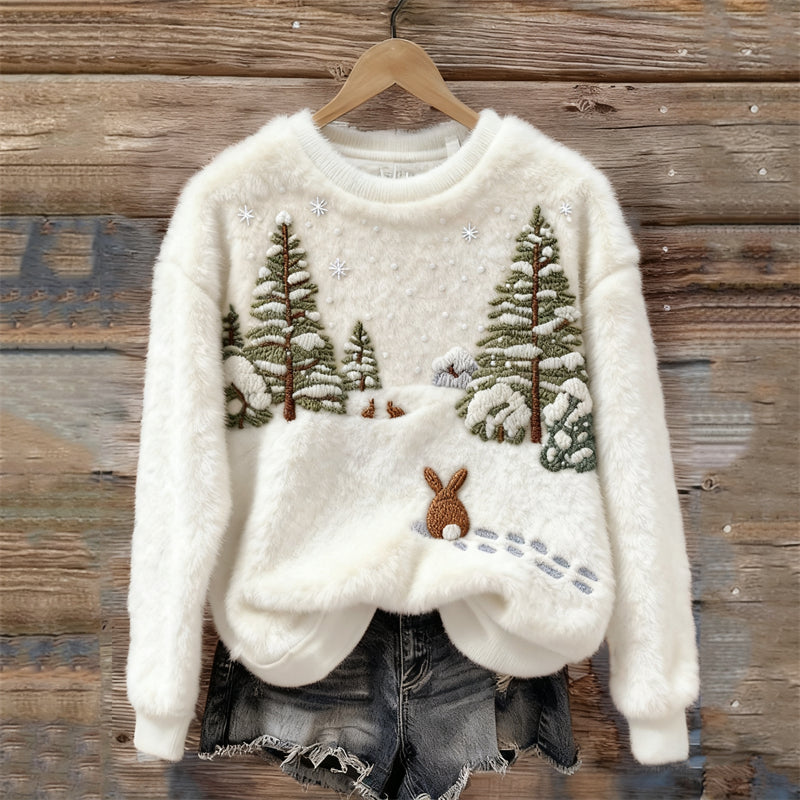 Bunnies Snowy Forest Landscape Cozy Plush Sweatshirt artswardrobe