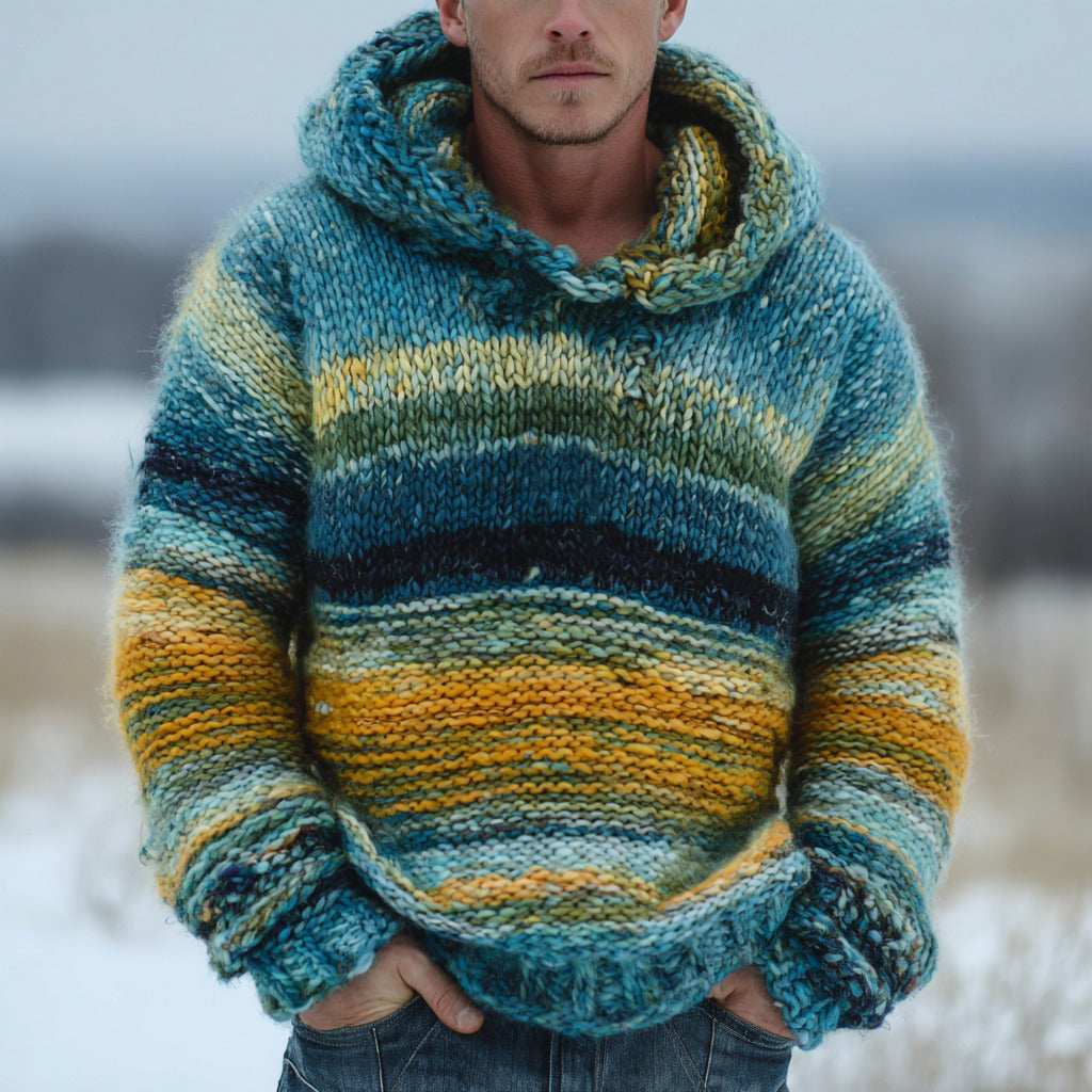 Men's Colorful Striped Contrast Warm Knitted Hooded Sweater elevenforest