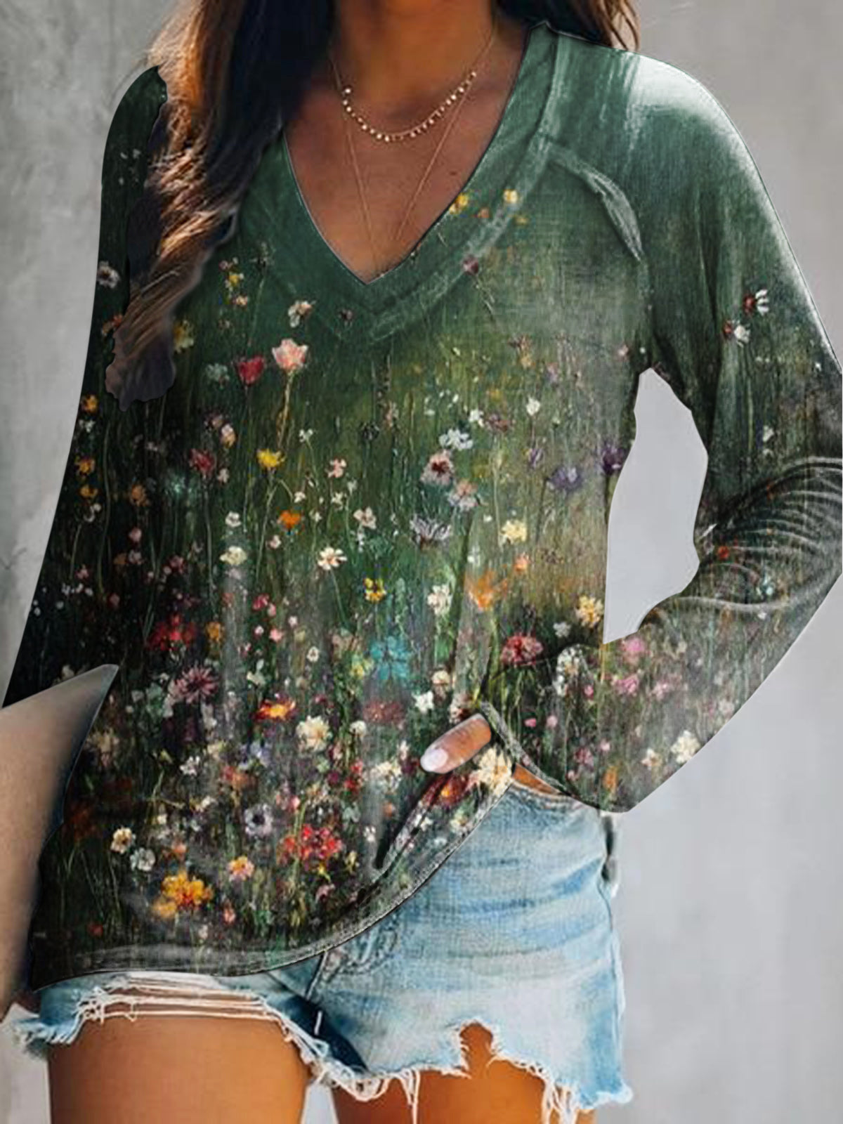 Women's Vintage Floral Art Print Casual V Neck Long Sleeve Tops