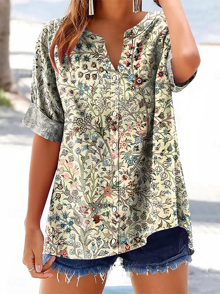 Women's Vintage Floral Art Printed Casual Short Sleeve Cotton and Line