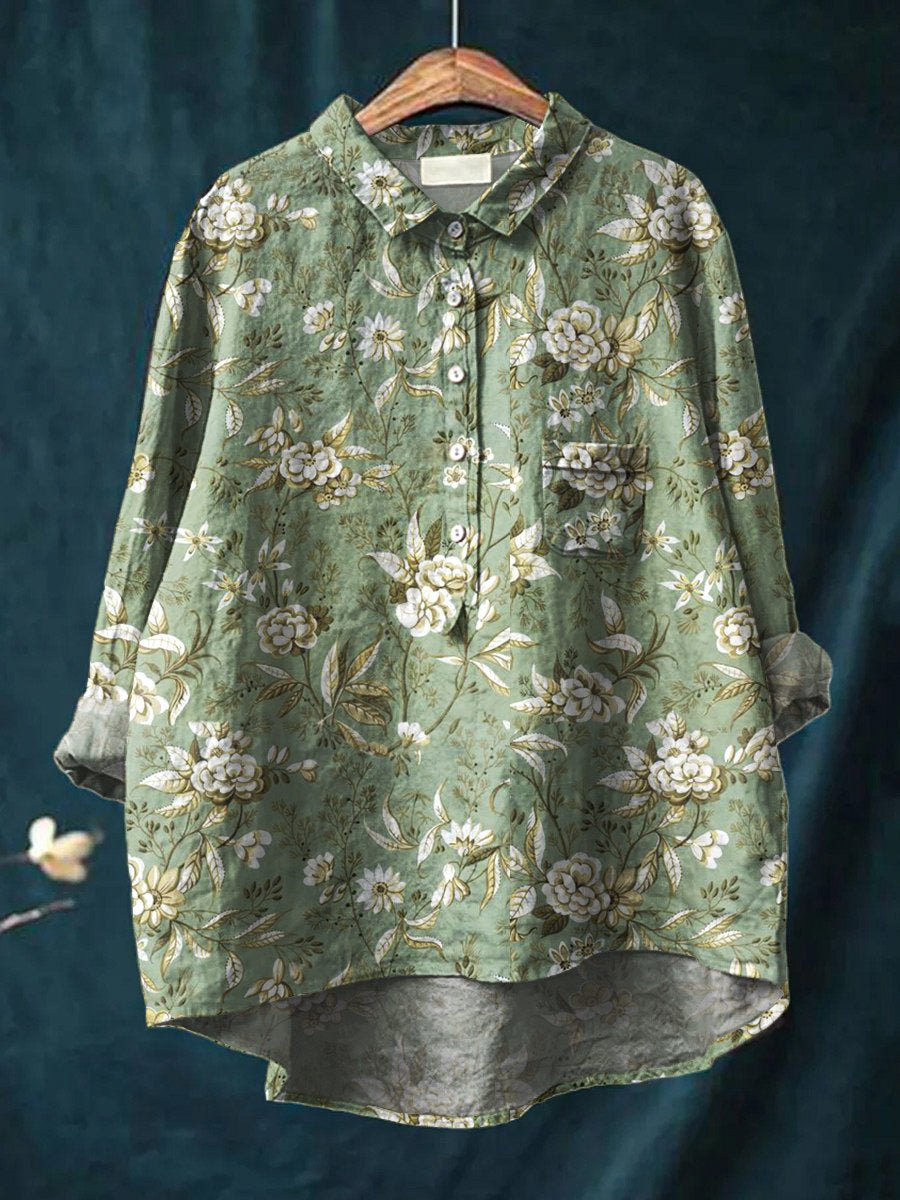 Women's Floral Art Print Casual Cotton And Linen Shirt