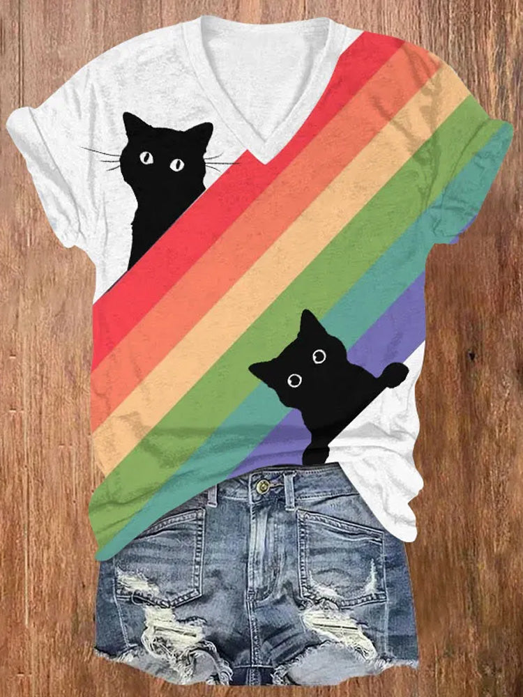 Comstylish Japanese Art Black Cat In The Rainbow Print V-neck T-shirt