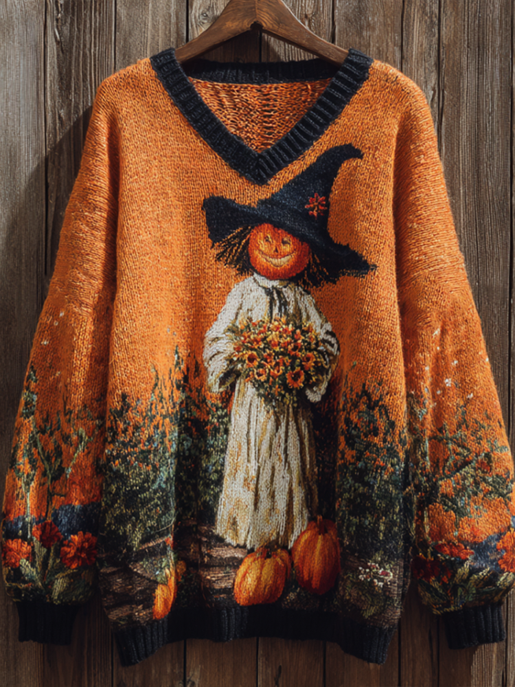 Halloween Theme Women's V-neck Knitted Sweater artswardrobe