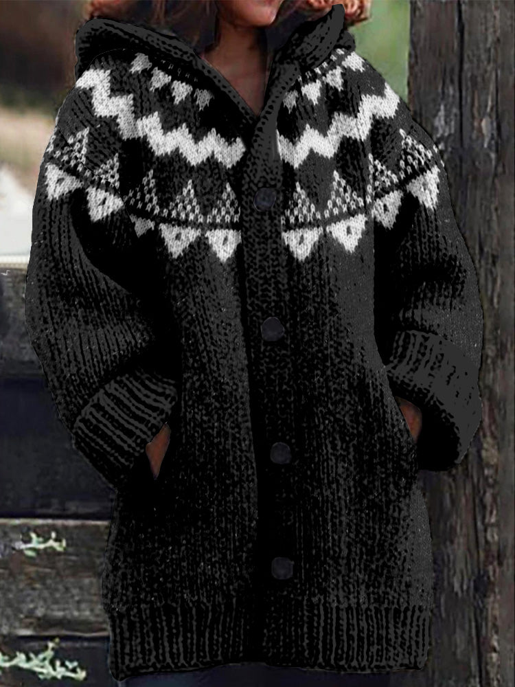 Vintage Icelandic Pattern Cozy Hooded Cardigan elevenforest