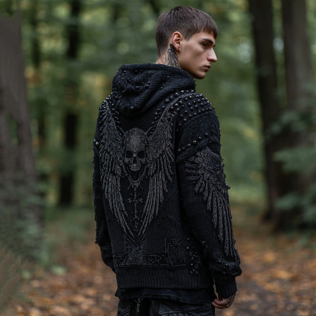 Men's Dark Wings Skull Knitted Comfort Hooded Sweater elevenforest