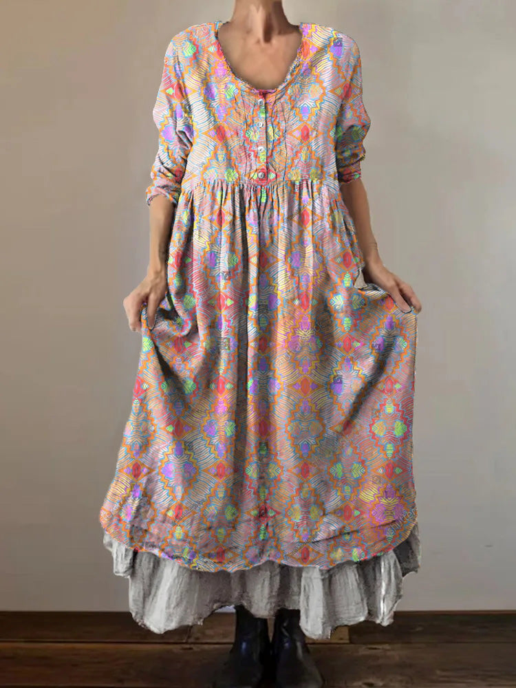 Women's Art Floral Hippie Vintage Print V Neck Dress