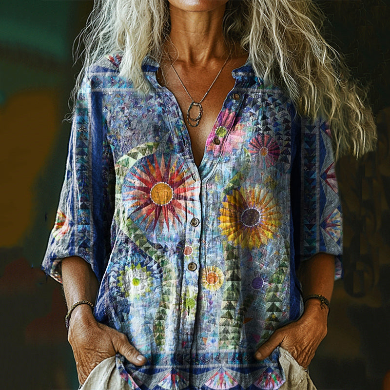 Women's Vintage Bohemian Floral Print Casual Cotton And Linen Shirt artswardrobe