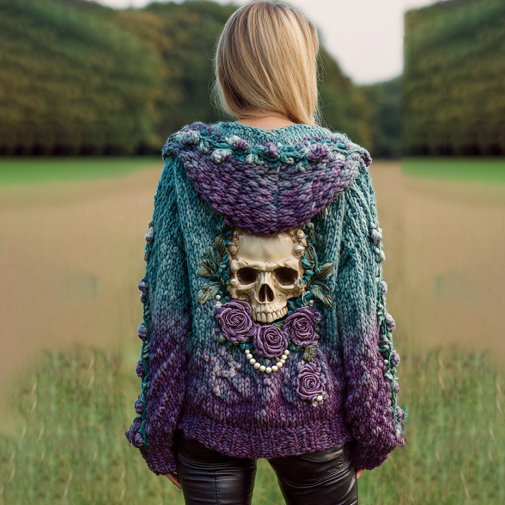 Women's Artistic Skeleton Rose Vintage Gradient Color Worn-out Hooded Sweater artswardrobe