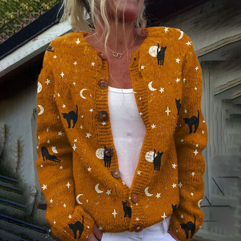 Comstylish Halloween Black Cat Art Print Button Cardigan Sweater