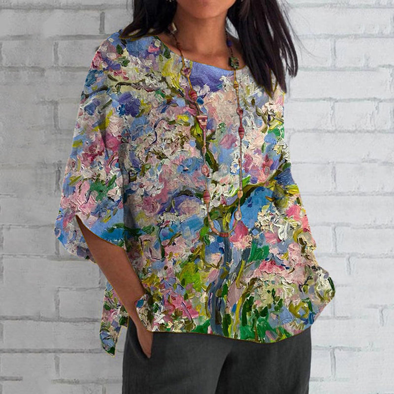 Vintage Colorful Floral Art Cotton Linen Casual Shirt artswardrobe