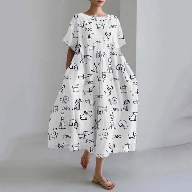 Comstylish Cute Dogs Art Print Casual Short Sleeve Midi Dress
