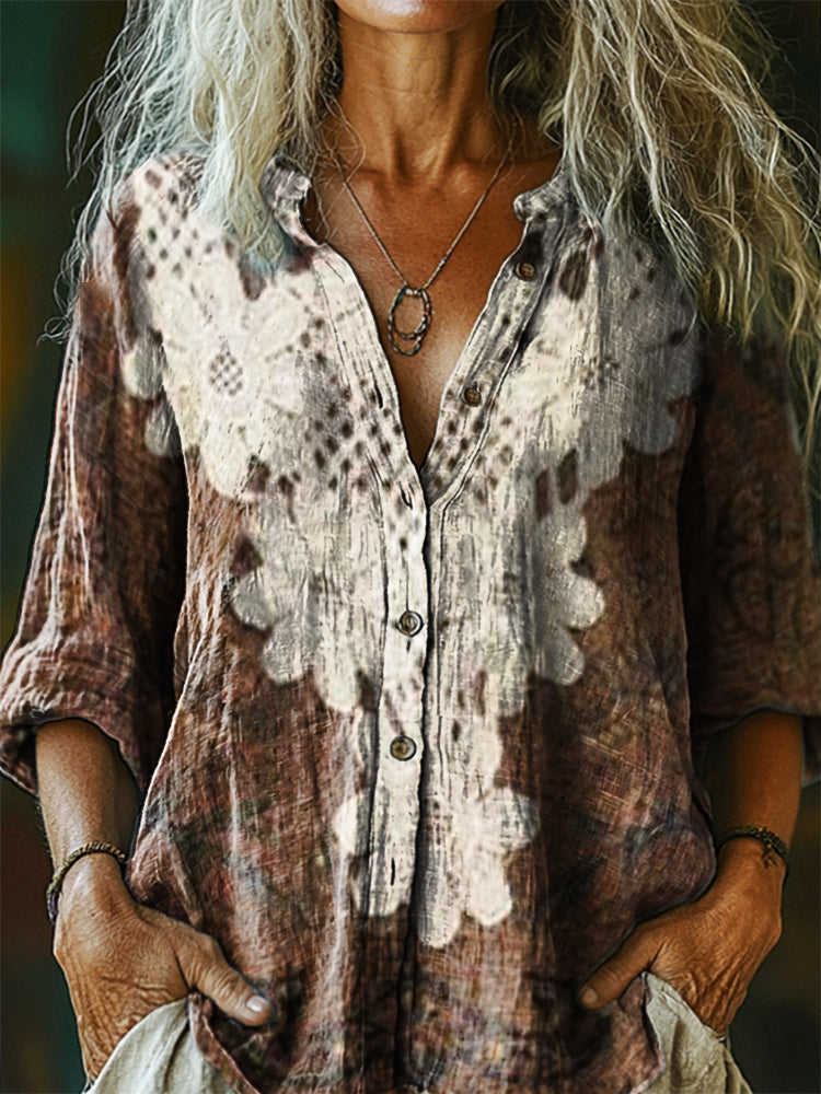 Women's Vintage Lace Floral Art Print Casual Cotton Linen Shirt