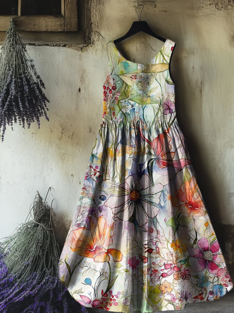 Women's Ink Wash Painting Floral Art Print Sleeveless Cotton Pocket Dr