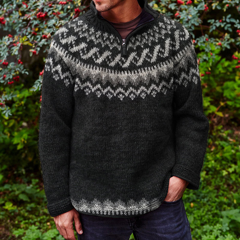 Vintage Fairman Island Geometry Jacquard Stand Collar Zipper Sweater elevenforest