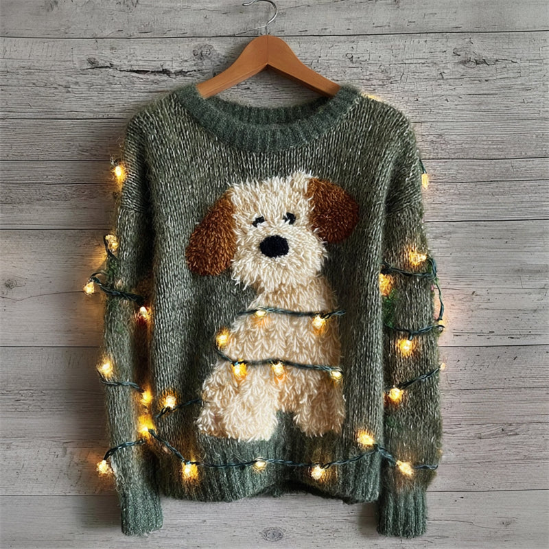 Comstylish Lovely Fuzzy Dog & Christmas Lights Cozy Knit Sweater