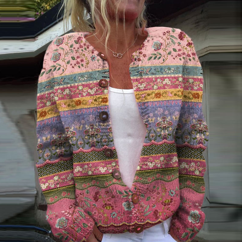 Vintage Tribal Floral Art Print Cozy Button Sweater artswardrobe