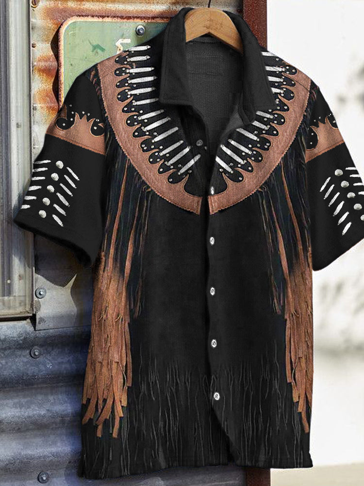 Leather Fringe Vintage Western Men's Short Sleeve Fashion Shirt artswardrobe