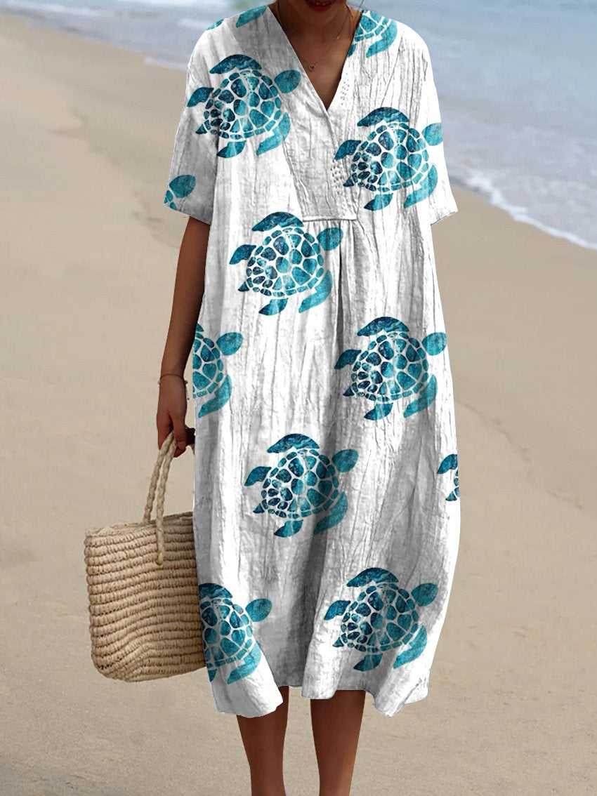Lovely Summer Vacation Watercolor Sea Turtle Pattern Printed Women's Flowy Dress