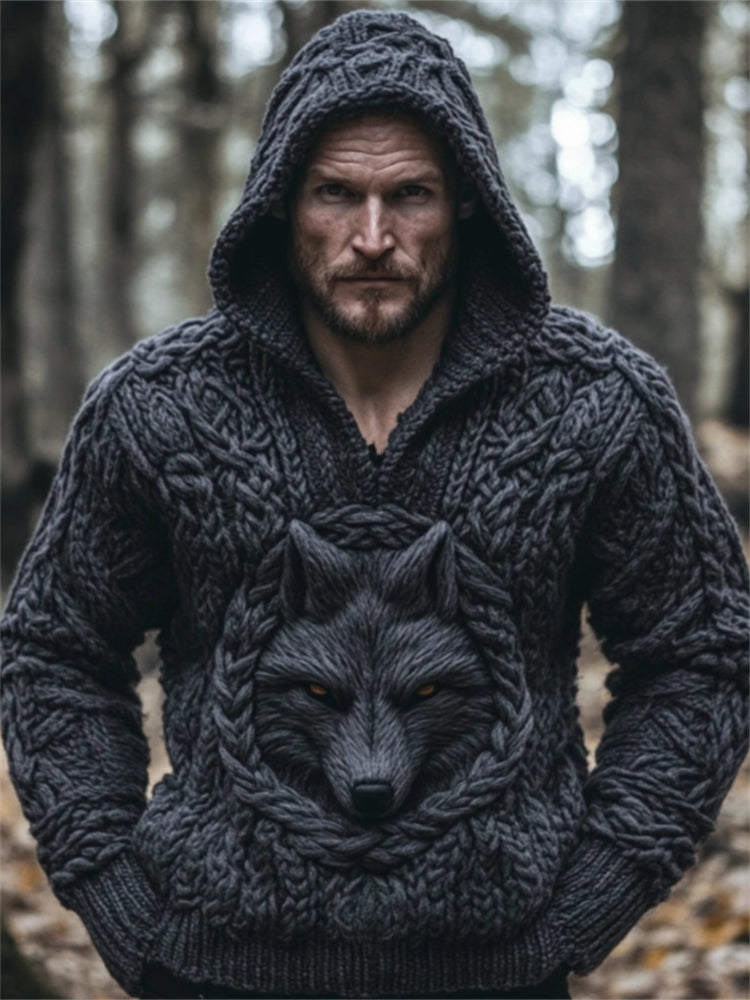 Men's Black Wolf Viking Celtic Chunky Hooded Sweater elevenforest