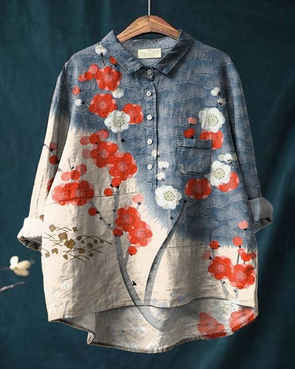 Women's Japanese Art Art Print Casual Cotton And Linen Shirt
