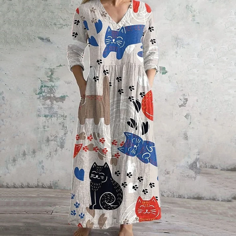 Comstylish Vintage Graffiti Cat Art Pattern Women's Linen Dress