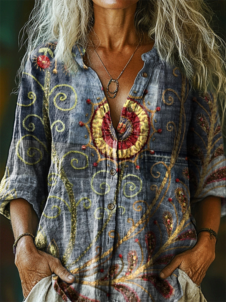 Women's Vintage Bohemian Pattern Art Print Casual Cotton Linen Shirt