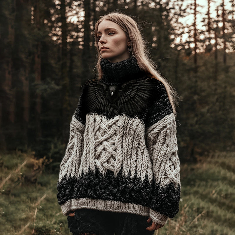 Women's Viking Rune Gradient Bird Graphics Celtic Jacquard Turtleneck Sweater artswardrobe