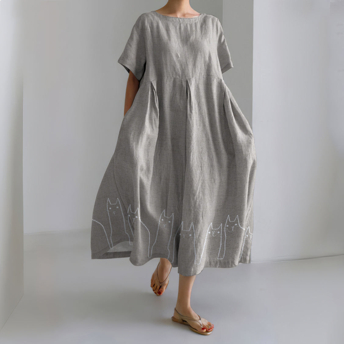 Vintage Art Cat Embroidery Linen Crew Neck Dress