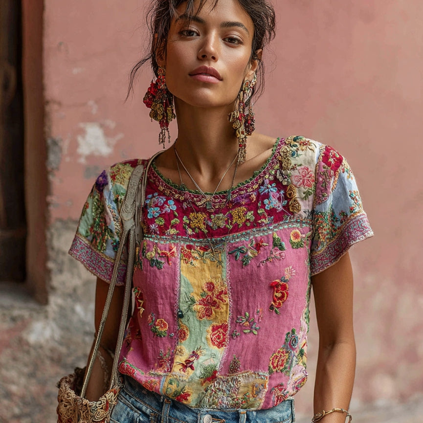 Women's Vintage Bohemian Floral Embroidery Art Round Neck Short Sleeve T-shirt artswardrobe