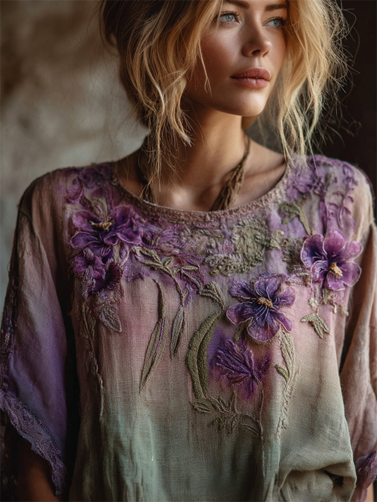 Vintage Purple Flowers Forest Gradient Flowy Linen Tunic artswardrobe