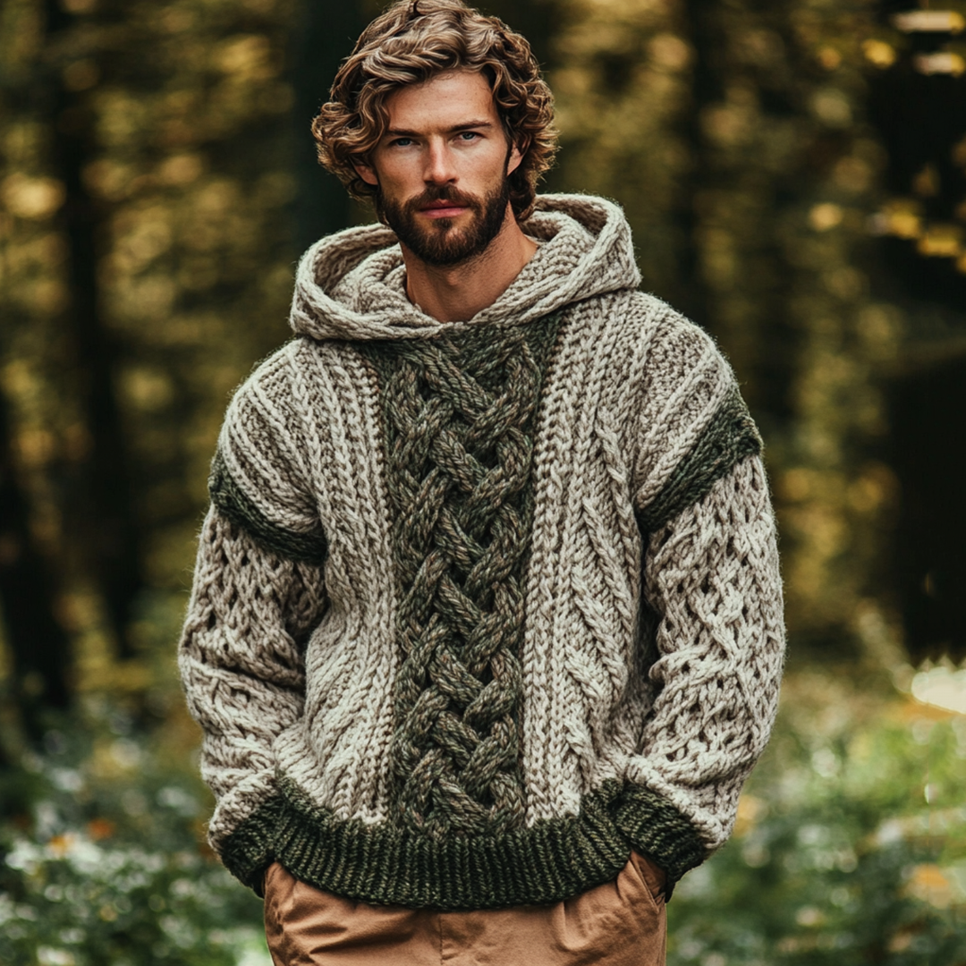 Men's Irish Celtic Knotted Chunky Knit Jacquard Hooded Sweater artswardrobe