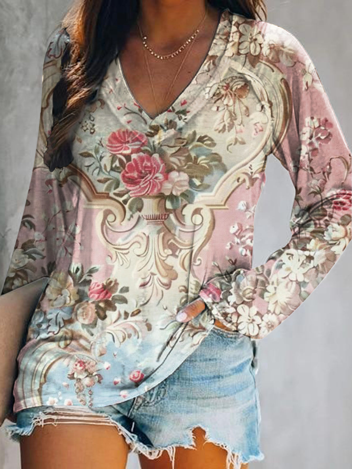 Women's Casual Vintage Ethnic Floral Art Print V Neck Long Sleeve Tops