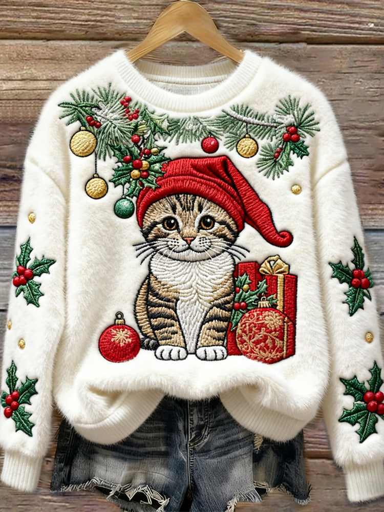 Christmas Cute Cat Art Embroidery Women's Cozy Plush Sweater