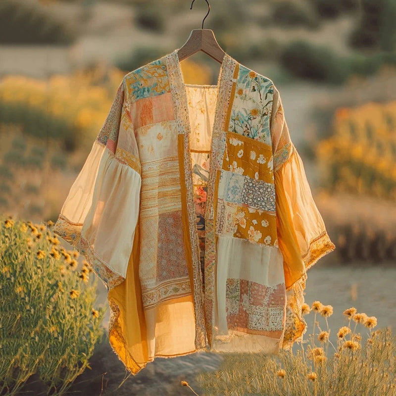 Women's Vintage Breathable Linen Floral Kimono artswardrobe