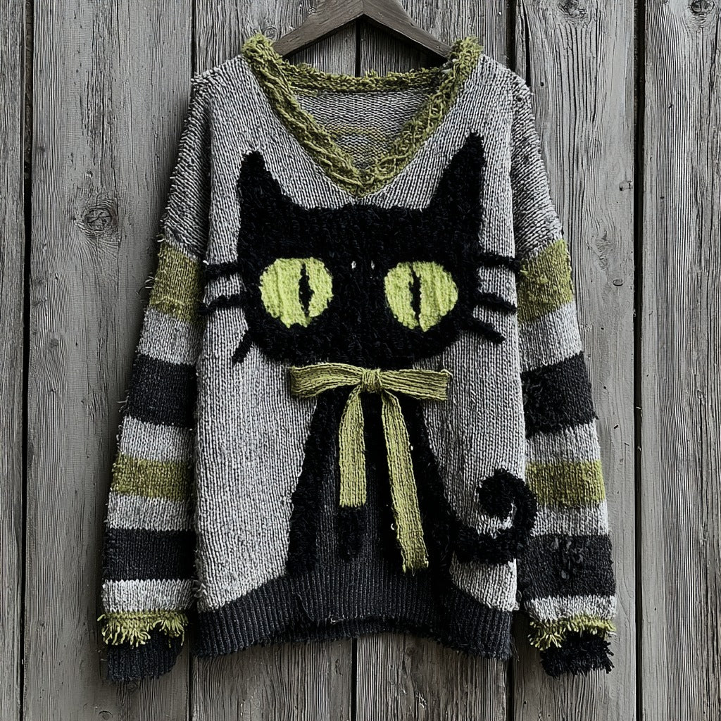 Halloween Black Cat Striped Knit V-neck Sweater elevenforest