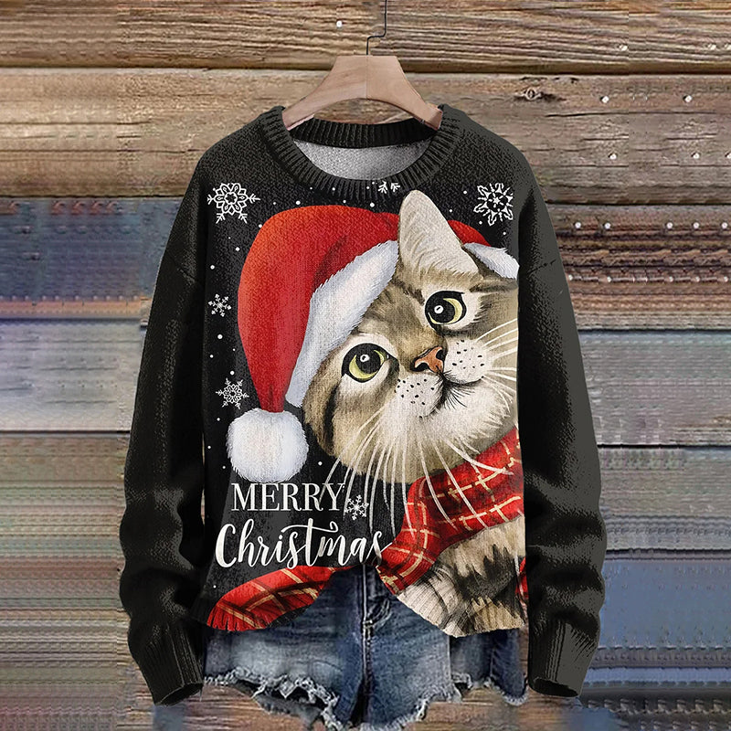 Christmas Cat Art Print Knit Pullover Sweater elevenforest