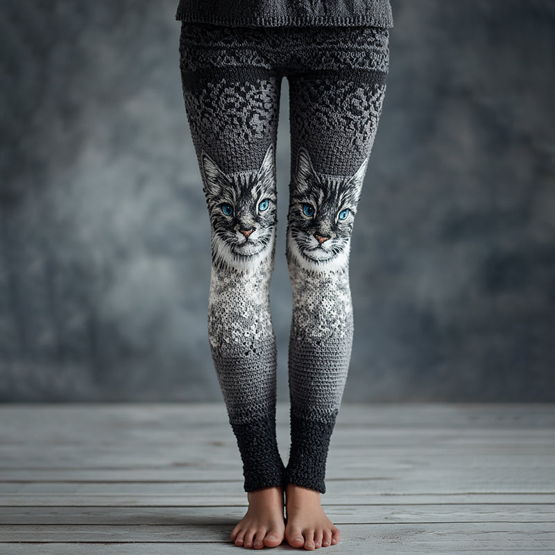 Women's Cat Face Embroidered Cozy Knit Leggings elevenforest