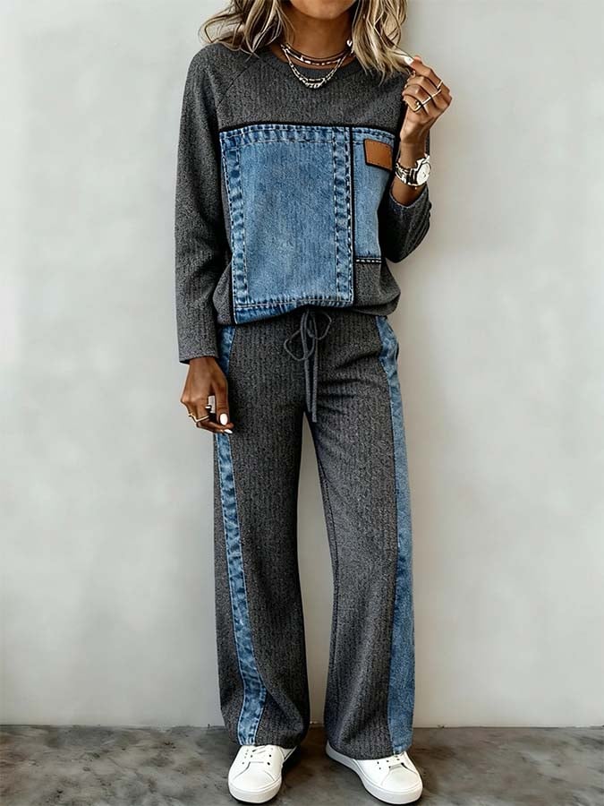 Women'S Casual Color Block Printed Pants Set