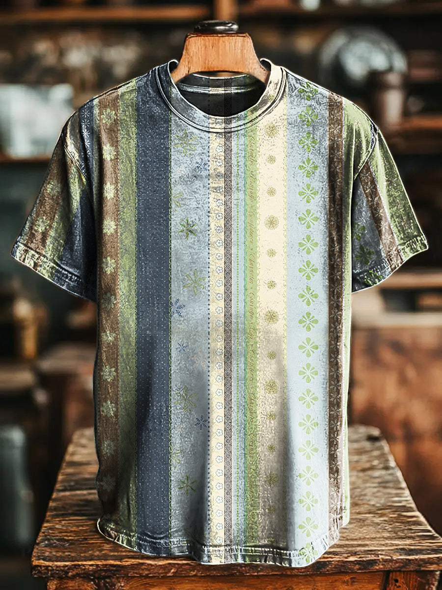 National style Striped pattern Flowers Vintage Art Print Casual T-shir
