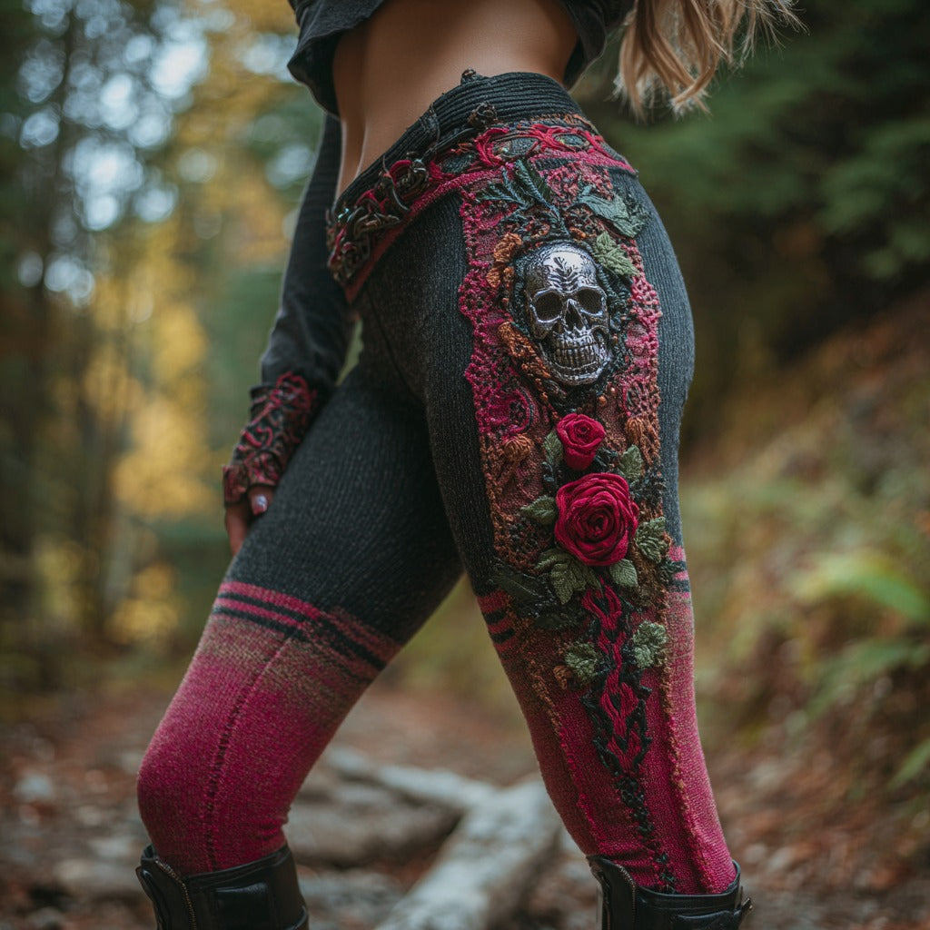 Women's Vintage Sugar Skull And Rose Pattern Comfortable Leggings elevenforest